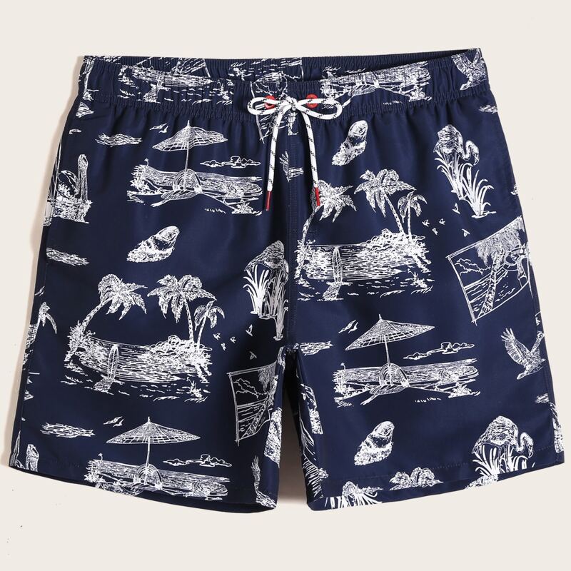 

Guys Tropical Print Swim Trunks, Navy blue