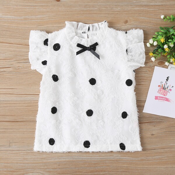 

Toddler Girls Bow Front Frill Neck Polka Dot Blouse, White