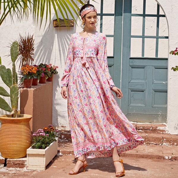 

Tie Neck Allover Floral Print Smock Dress, Pink