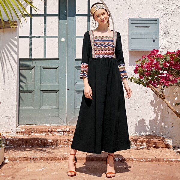 

Square Neck Tribal Print Smock Dress, Black