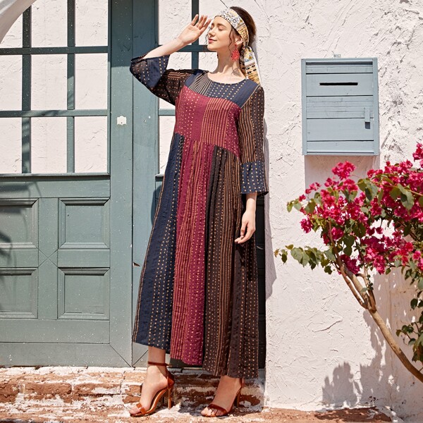

Color-block Tribal Print Maxi Dress, Multicolor
