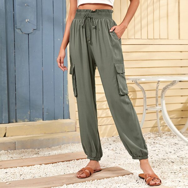 

Tie Front Paperbag Waist Pocket Cargo Pants, Army green
