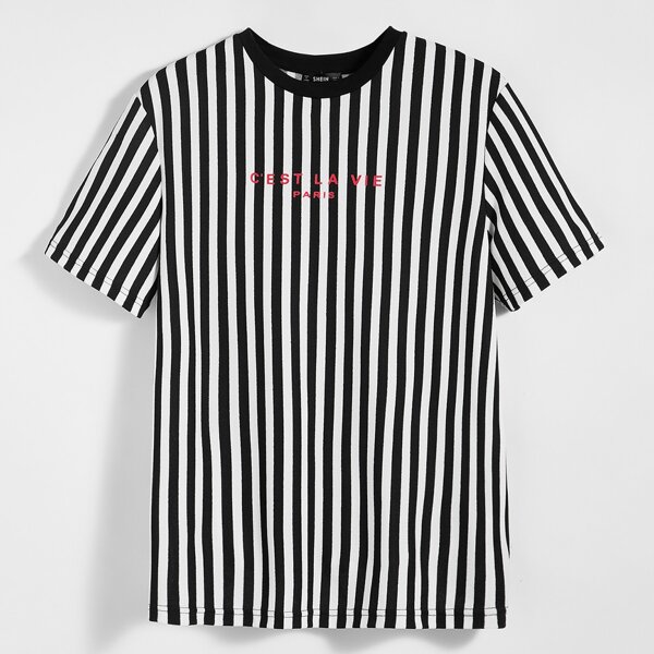 

Men Letter Graphic Striped Top, Black and white