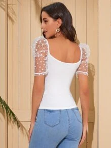 SHEIN 提花網紗泡泡袖上衣 - 白色 - 查看 2