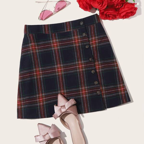 

Button Front Plaid Print Skirt, Multicolor