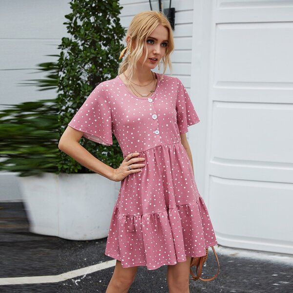 

Polka Dot Button Front Smock Dress, Pink