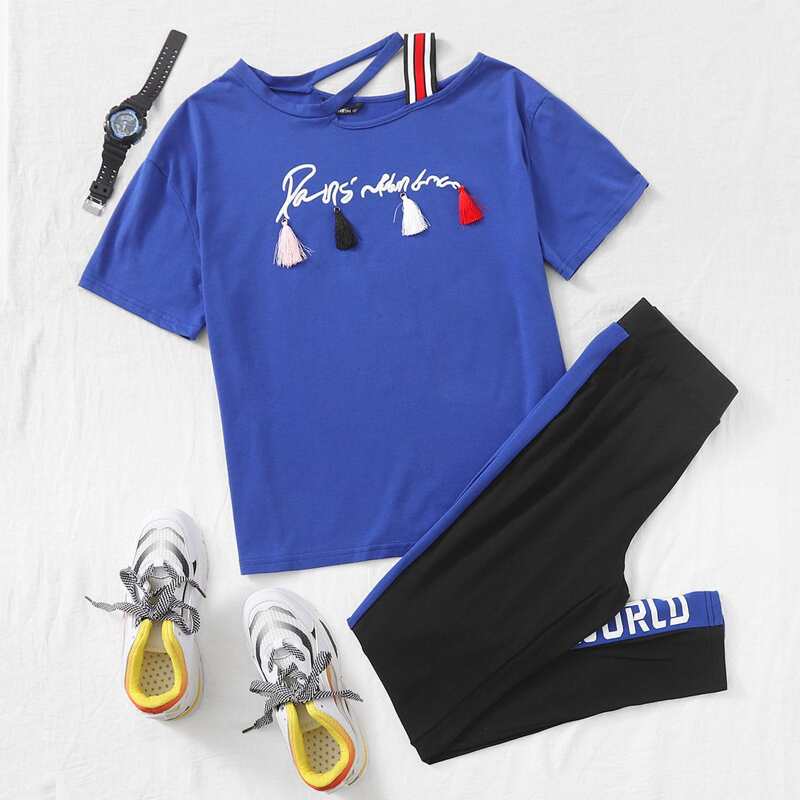 

Striped Tape Shoulder Tassel Detail Letter Graphic Top & Leggings Set, Multicolor