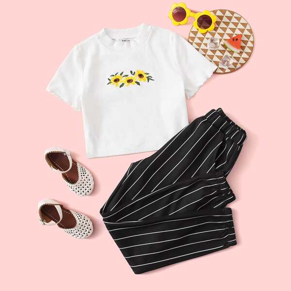 

Girls Sunflower Embroidered Rib-knit Top & Striped Pants Set, Black and white