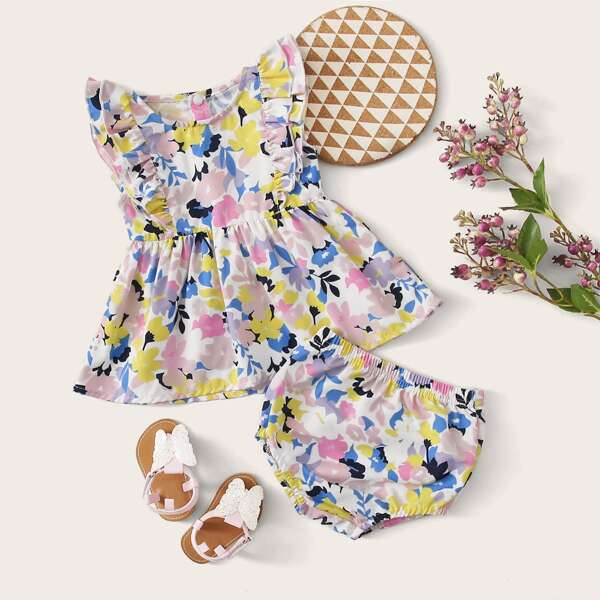 

Baby Girl Floral Print Blouse With Shorts, Multicolor