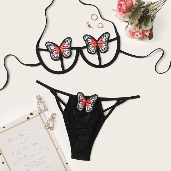 

Butterfly Applique Harness Lingerie Set, Black