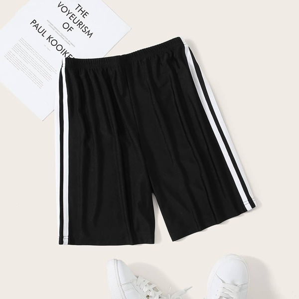 

Side Stripe Elastic Waist Biker Shorts, Black