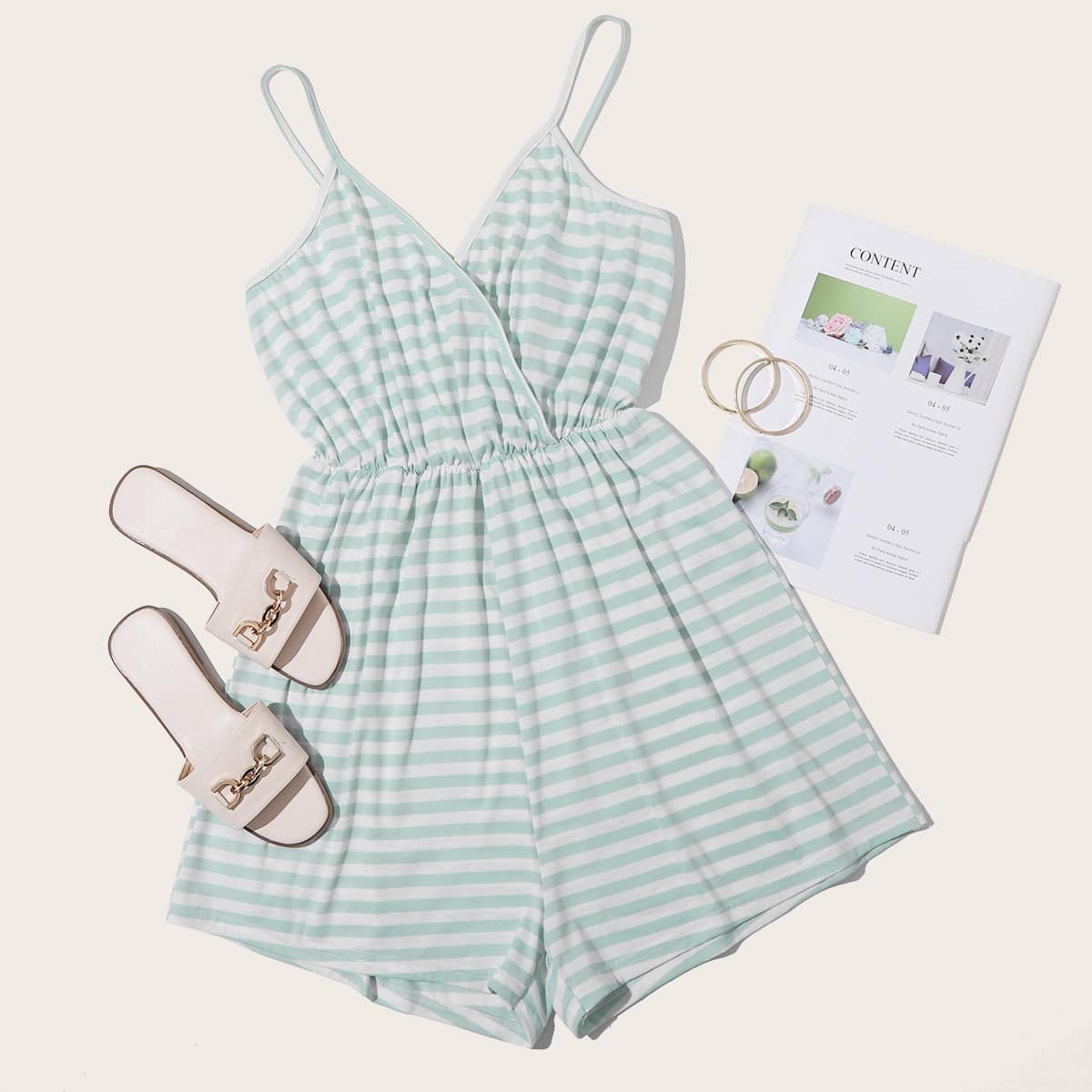 

Striped Surplice Front Cami Romper, Green