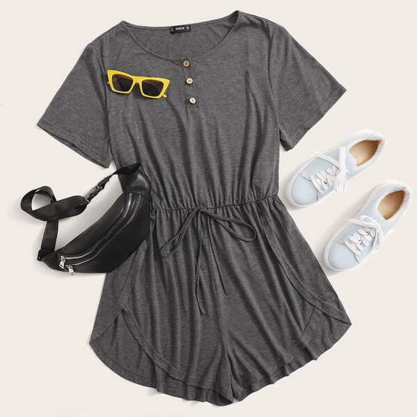 

Plus Buttoned Half Placket Tie Waist Dolphin Hem Romper, Grey