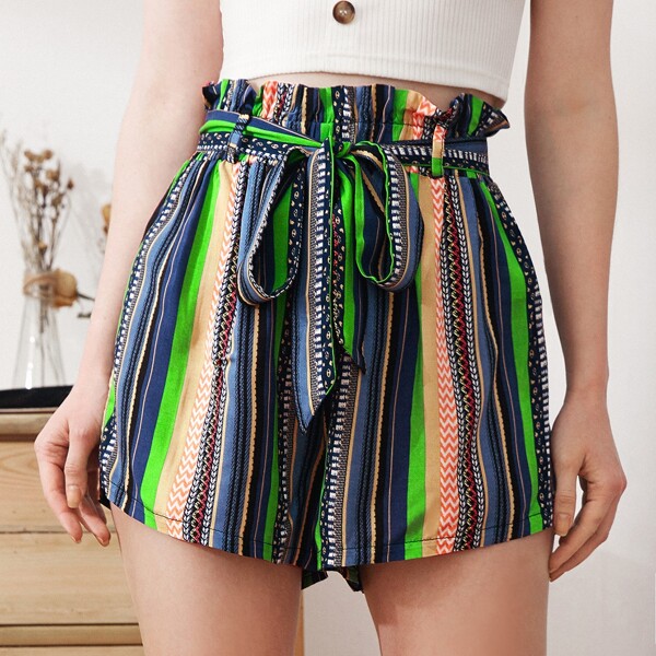 

Colorblock Striped Self Tie Paperbag Shorts, Multicolor