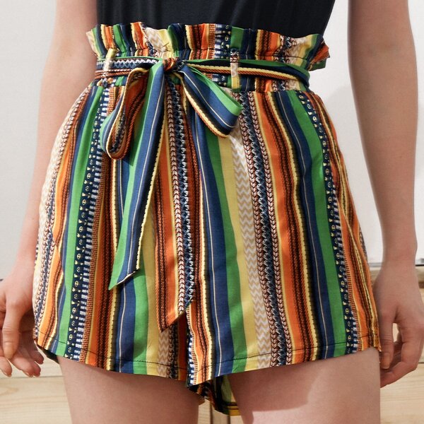 

Полосатые шорты с поясом и присборенной талией, Многоцветный