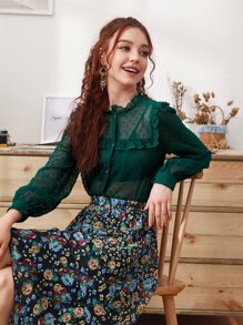 Camisa ribete fruncido de lunares - Verde - Ver 1