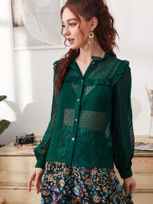 Camisa ribete fruncido de lunares - Verde - Ver 3