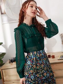 Camisa ribete fruncido de lunares - Verde - Ver 4