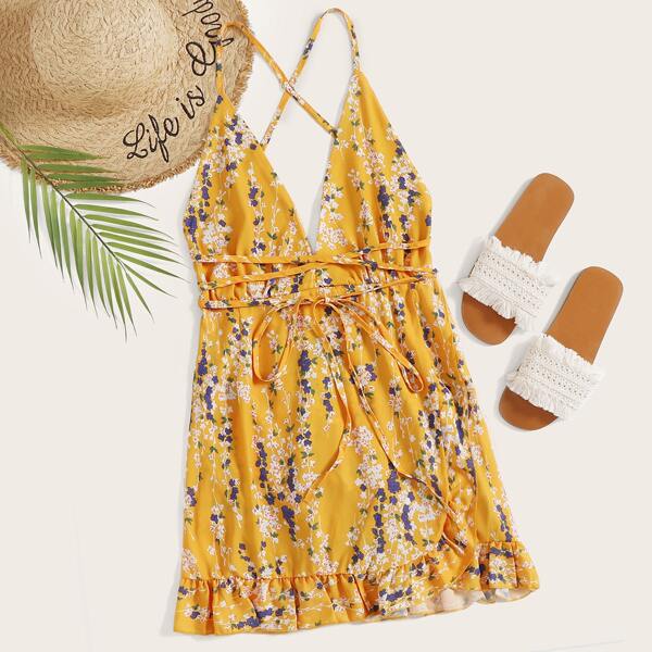 

Lace Up Backless Ruffle Hem Ditsy Floral Skort Romper, Yellow