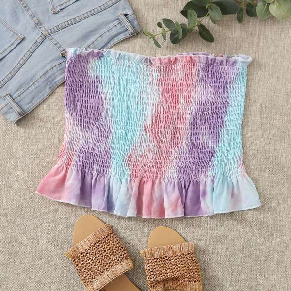 

Plus Tie Dye Shirred Ruffle Hem Tube Top, Multicolor