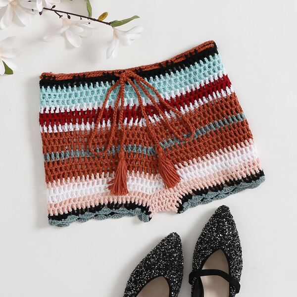 

Fringe Tie Waist Striped Crochet Cover Up Shorts, Multicolor