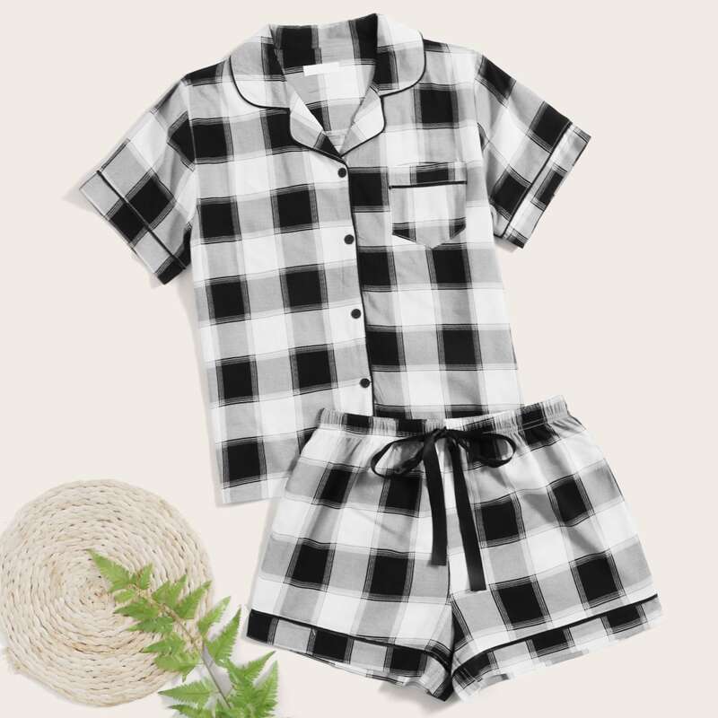 

Lapel Neck Plaid Blouse With Drawstring Shorts, Black and white