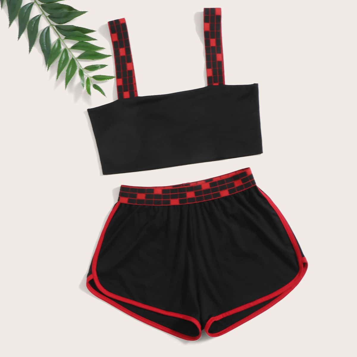 

Contrast Binding Plaid Tape PJ Set, Black