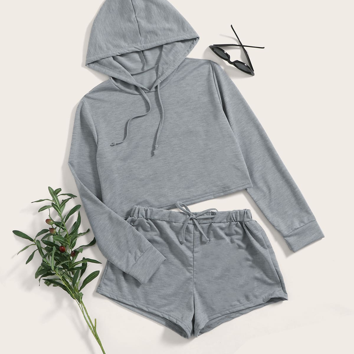 

Solid Hoodie With Drawstring Shorts, Grey