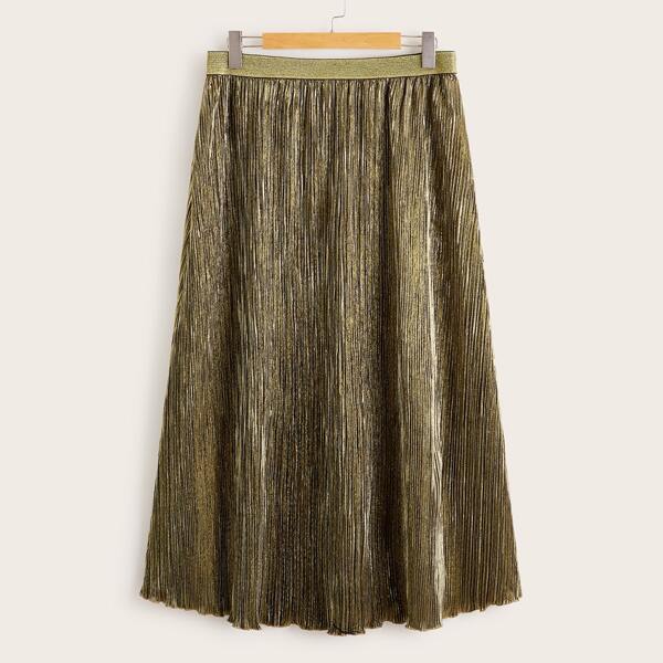 

Plus Glitter Waistband Pleated Metallic Skirt, Gold