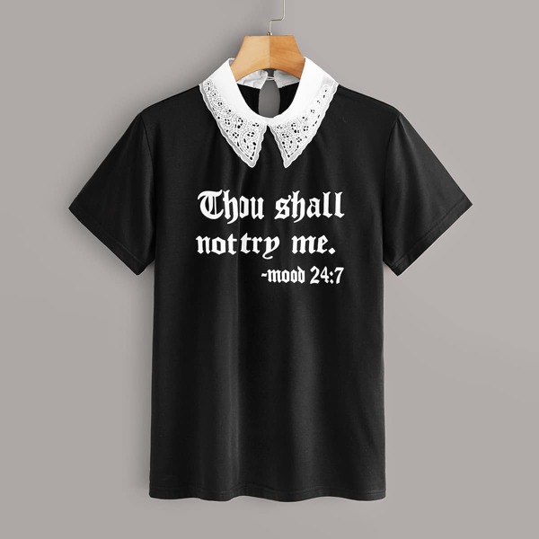 

Contrast Collar Slogan Graphic Keyhole Back Tee, Black