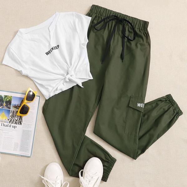 

Letter Graphic Tee With Cargo Pants, Multicolor