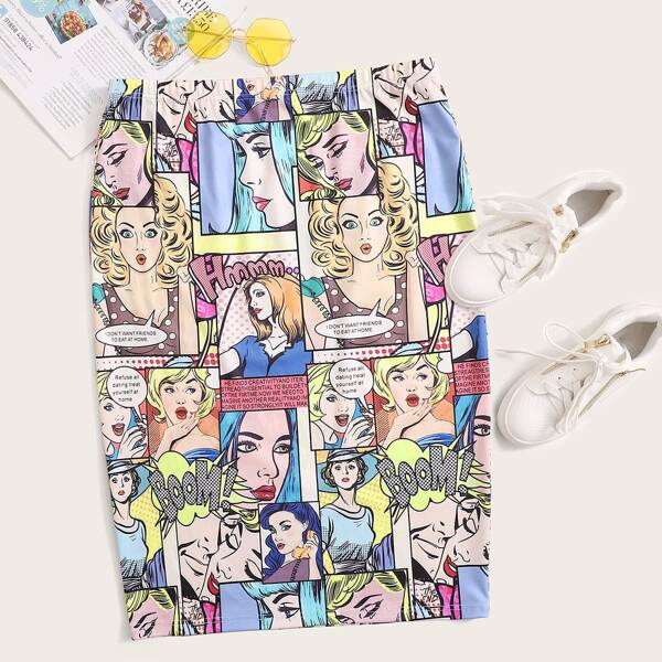 

Plus Pop Art Print Pencil Skirt, Multicolor
