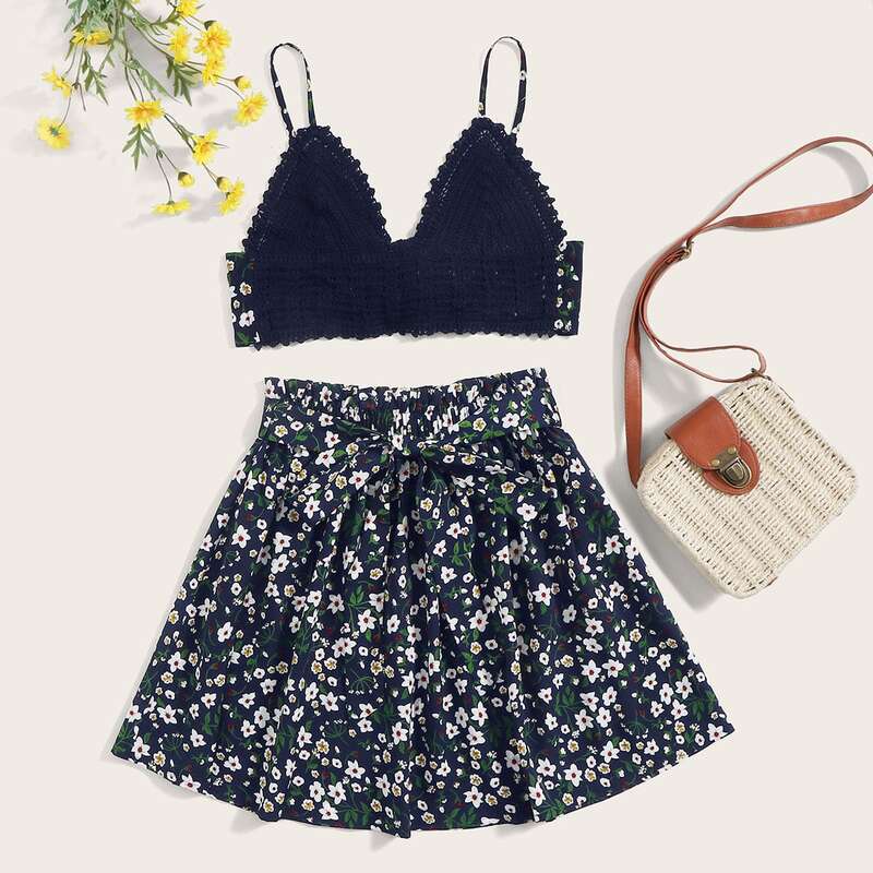 

Crochet Bralette Top & Ditsy Floral Skirt, Navy blue