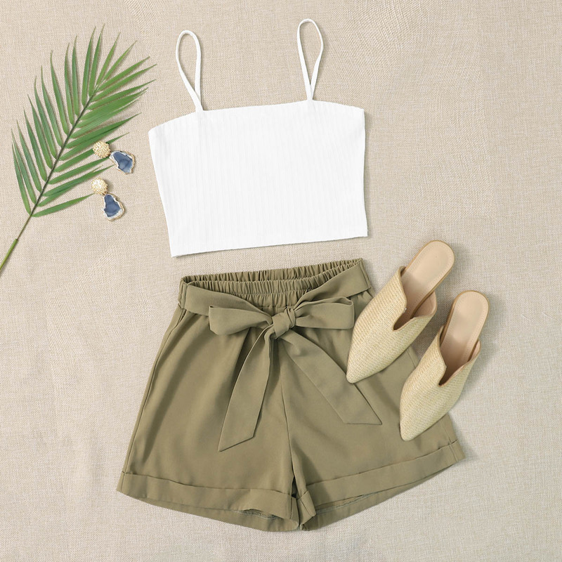 

Rib-knit Cami Top & Belted Shorts, Multicolor