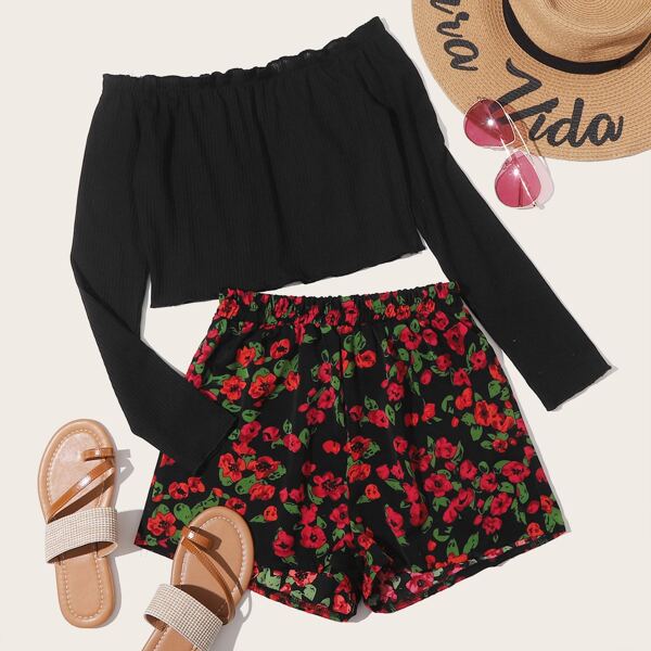 

Off Shoulder Frill Trim Top & Floral Shorts, Multicolor