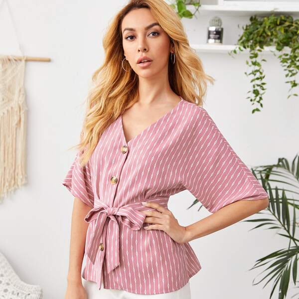 

Buttoned Front Self Belted Striped Blouse, Pink