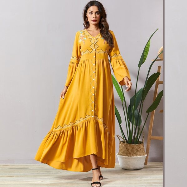 

Button Front Tribal Embroidered Ruffle Hem Dress, Yellow