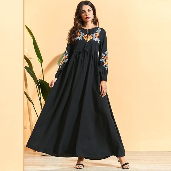 

Tribal Embroidered Tie Neck High Waist Dress, Black