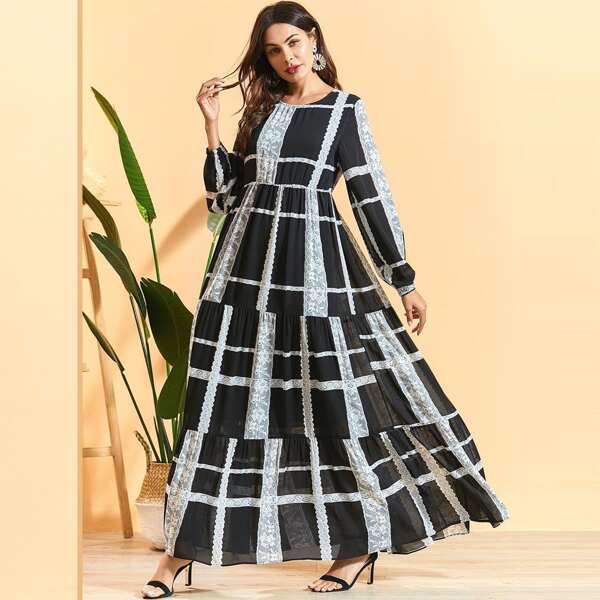 

Contrast Lace Flounce Hem Dress, Black and white