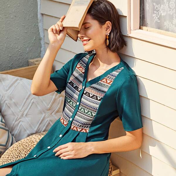 

Aztec Panel Button Front Dress, Blue