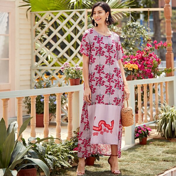 

Allover Floral Spliced Panel Asymmetrical Hem Dress, Multicolor