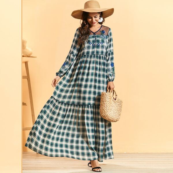 

Tartan Plaid Floral Embroidered Mesh Panel Frill Dress, Multicolor