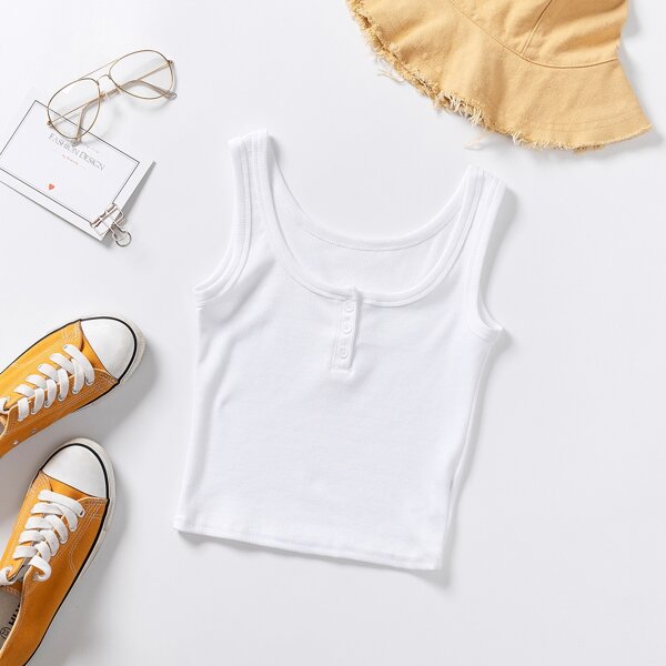 

Button Front Solid Fitted Tank, White