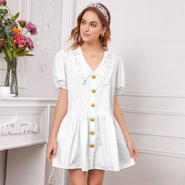 

Puff Sleeve Button Up Smock Dress, White