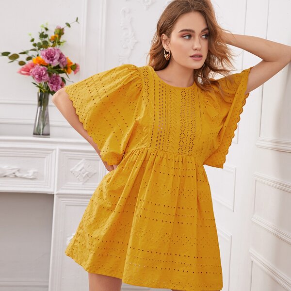 

Eyelet Embroidery Butterfly Sleeve Smock Dress, Yellow
