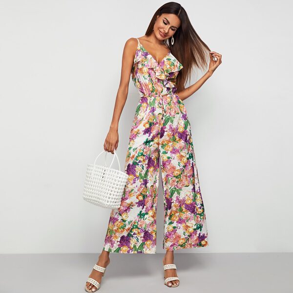 

Floral Print Ruffle Trim Cami Jumpsuit, Multicolor