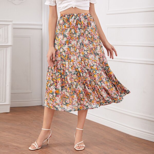 

Allover Floral Pleated Hem Skirt, Multicolor