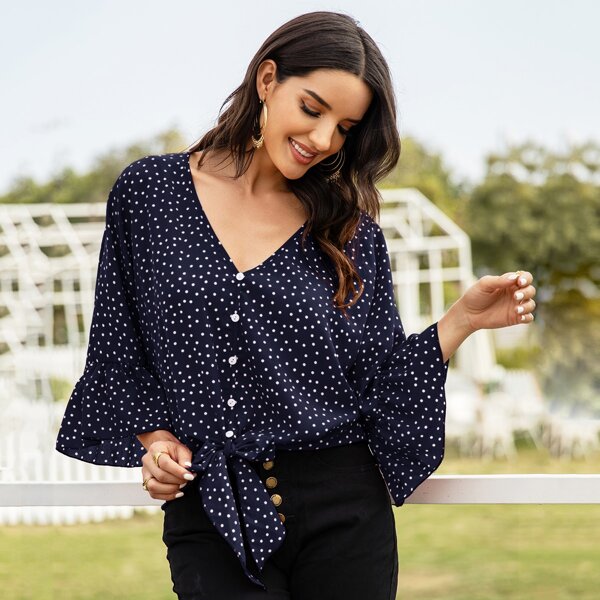 

Polka Dot Print Button Through Knot Hem Blouse, Navy blue