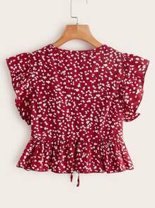SHEIN VCAY Top bajo fruncido con cordón delantero floral de margarita - Rojo - Ver 2