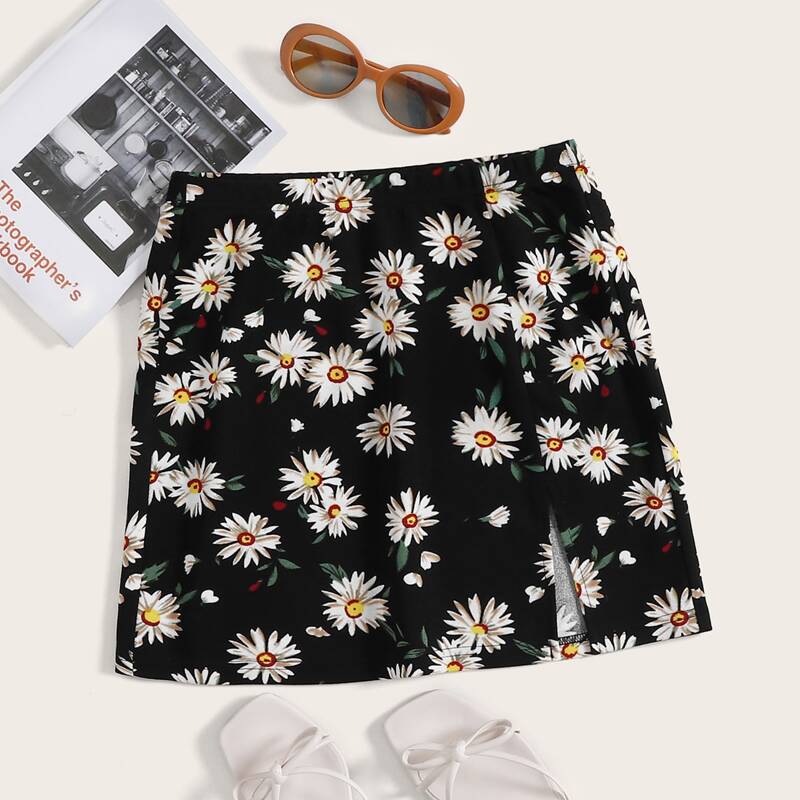 

Daisy Print Split Hem Skirt, Multicolor